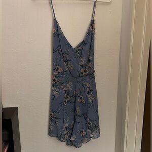 AE Petite Floral Dusty Blue Flowy Romper with Pockets